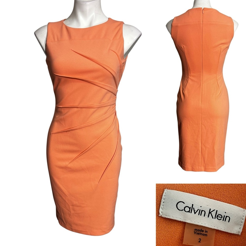 Calvin‎ Klein dress sz 2 peach/orange sleeveless faux wrap stretch knee length